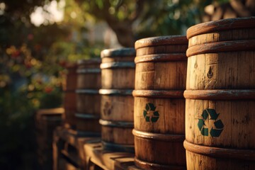 Naklejka premium Neatly Lined Wooden Barrels with Eco Symbols Outdoors