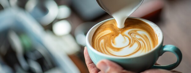 Barista Training Practice Pouring Milk for Latte Art in Workshop Setting, Showing Focused Hand Movement and Technique Pouring Milk into Latte Cup Creating Heart Shaped with Soft Depth of Field.