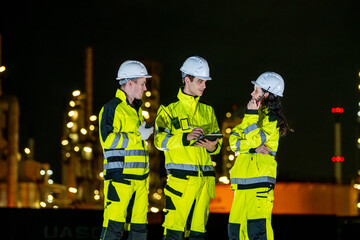 Fototapeta premium Petrochemical industry night engineer teamwork working on laptop Team of Petroleum in Glowing Workwear Collaborating oil refinery plant construction site at night