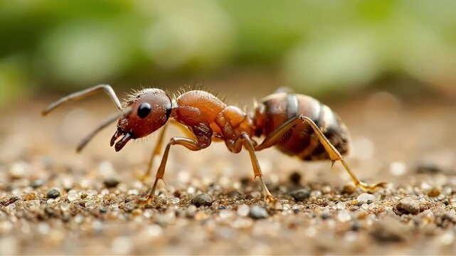 Ultra Macro Close-Up of Red Ant Walking on Sandy Ground in Natural Environment, 4K Wildlife Insect Footage