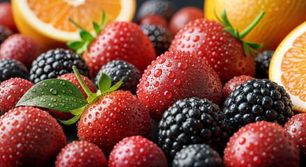 Obraz premium Fresh organic fruit medley with strawberries blackberries blueberries and sliced oranges for healthy lifestyle and antioxidant diet