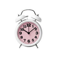 A pink and white alarm clock on a plain background isolated on transparent background