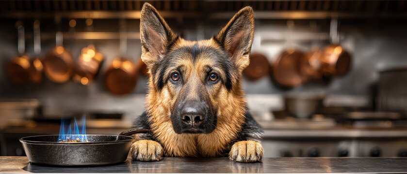 German shepherd head chef searing in a skillet with a small controlled blue flame