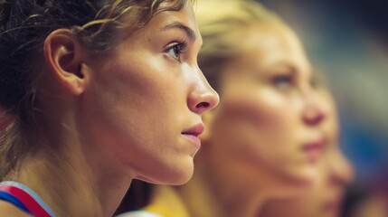 Obraz premium Profile view of athletes focused on competition in a sports event at a gymnasium during daytime training session