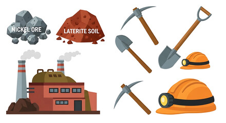 Mining equipment and industrial elements, including nickel ore, laterite soil, pickaxes, shovels, and a factory