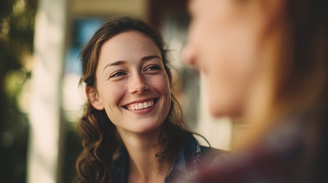 Smiling woman talks with friend outside during daytime in a casual setting
