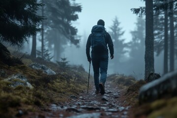 Fototapeta premium Solo Hiker Walks Through Misty Forest Trail