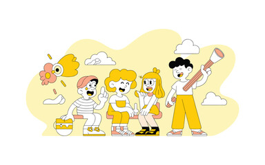 Group of happy diverse people standing and sitting together in playful cartoon character