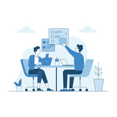Fototapeta premium Minimal blue tone business meeting illustration with people interacting at office workspace