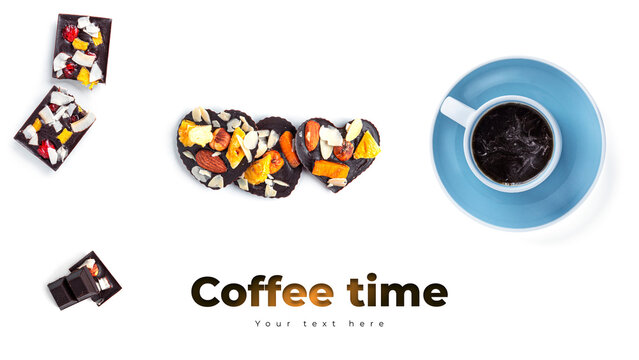Coffee and raw chocolate on a white background. Long header banner format. Panorama website header banner. High quality photo
