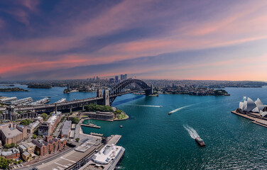 Obraz premium 5 February 2026 Aerial View of Sydney Harbour Circular Quay cruise Liner on a nice Summer day beautiful Sky in Sydney NSW Australia