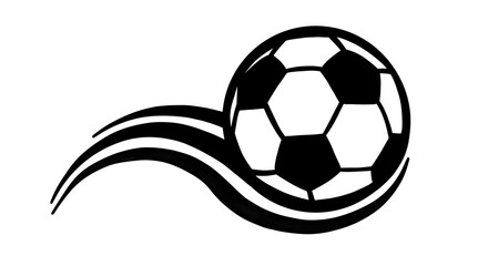 Obraz premium Flying Soccer Ball with Curved Motion Trail Illustration A minimalist black and white graphic of a soccer ball in motion, featuring a sleek curved speed trail. Perfect for sports branding