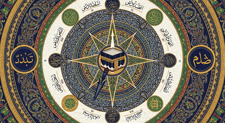 Obraz premium A vibrant Islamic art piece featuring intricate geometric patterns and Arabic calligraphy