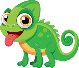 Obraz premium Funny green cartoon chameleon smiling cute vector illustration flat design