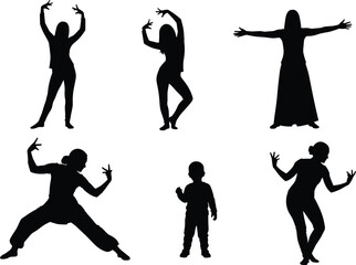 Dance silhouette collection, expressive poses, human movement vector, black icons, artistic gesture, child and adult dancer, performance illustration, graceful shapes