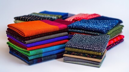 Stacks of Colorful Sequined Fabrics in Various Textures and Patterns on White Backdrop with Subtle Shadows for Fashion and Crafting Projects