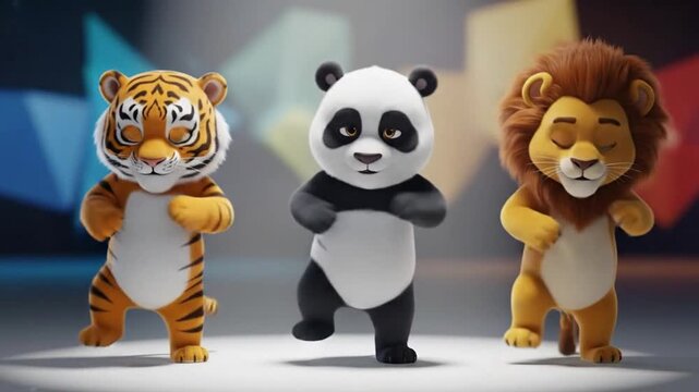 Stylized cartoon panda tiger lion characters group dance.