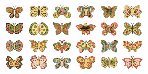 Collection of colorful vintage style butterfly illustrations arranged in a grid © Delip