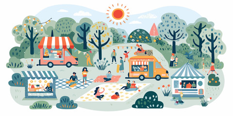 A vibrant outdoor summer festival scene with food stalls and people
