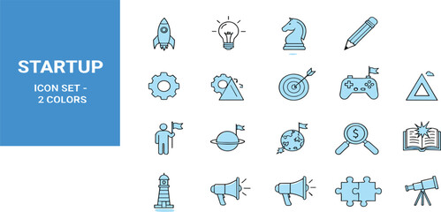 Startup Icon Set in Two Colors with Innovation, Launch, Strategy, Marketing, Finance, Creativity, and Business Growth Symbols for Web and Mobile App Design