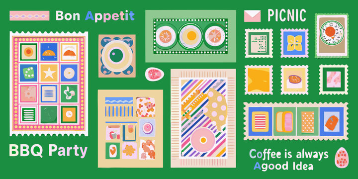 Colorful collage of postage stamps with picnic and bbq themed illustrations
