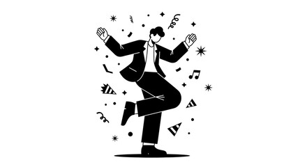 Man in suit dancing with dynamic movement surrounded by music notes and stars in a lively illustration