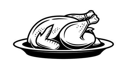 A whole roasted chicken on a plate viewed from a high angle in a simple illustration style