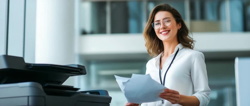 Businesswoman&nbsp;holding documents next to a printer while standing in an office.