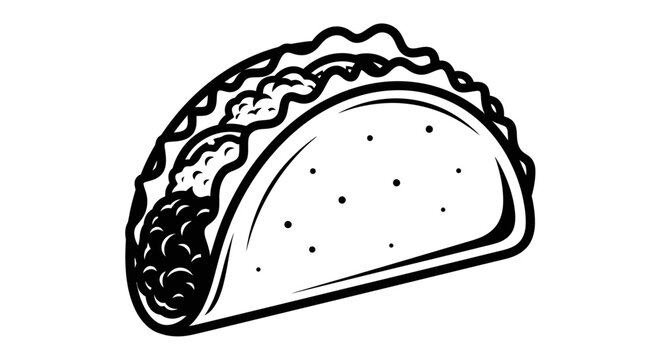 An illustrated taco filled with seasoned meat and toppings viewed from the side in a simple graphic style