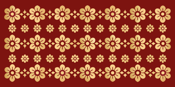 Repeating floral pattern with golden flowers on a deep red background
