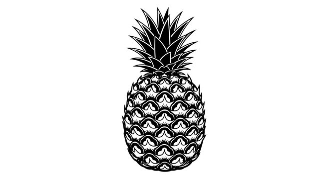 A detailed black and white illustration of a single pineapple viewed from the front