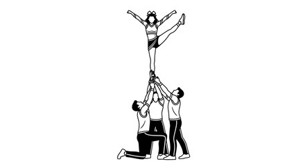 Group of cheerleaders performing acrobatic stunt with flying girl in air, teamwork, athletes, sports, action