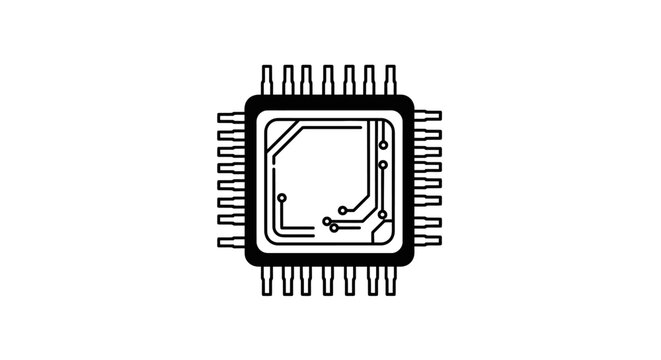 A simple black and white line drawing of a microchip viewed from directly above, showcasing its pins and internal circuitry in a minimalist style.