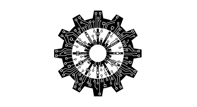 A detailed illustration of a gear with intricate designs and patterns, showcasing mechanical complexity from a front viewpoint.