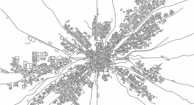 Aerial view of a sprawling cityscape with roads and buildings radiating from the center in a detailed illustration