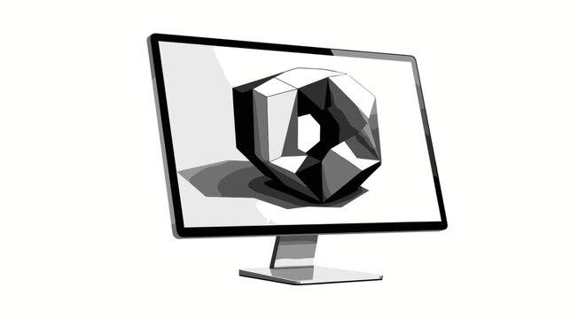 Modern computer monitor displaying a 3D geometric shape on its screen, viewed from the front
