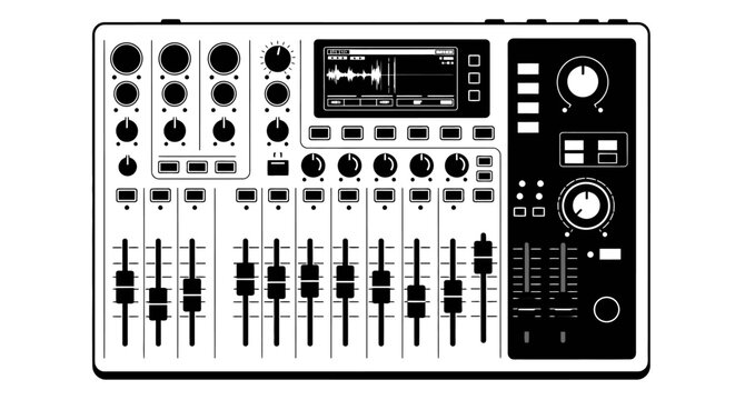 A sound mixing console with multiple knobs and faders is viewed directly from the front in a studio environment.