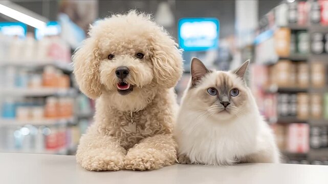 Poodle Dog and Ragdoll Cat Together in Pet Store Veterinary Clinic