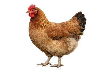 Fototapeta premium Brown hen with red comb and wattles standing, a common farm poultry animal cut out on transparent background