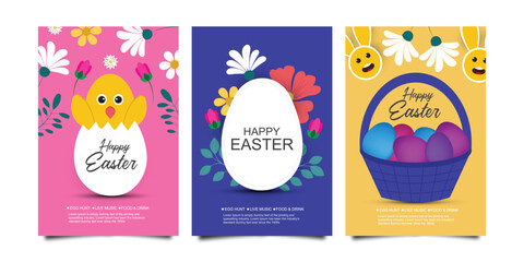 Naklejka premium Happy Easter creative poster collection. Set of easter greeting card. Egg hunt event invitation template