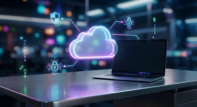 cybersecurity cloud computing concept with neon glowing data icons over laptop on office desk for digital network protection and secure server storage infrastructure in modern workspace