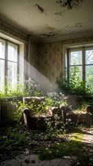 Abandoned Room Overgrown with Lush Green Plants and Sunlight Rays.