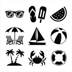Fototapeta premium Iconic black silhouette symbols representing popular summer beach holidays and various tropical vacation activities