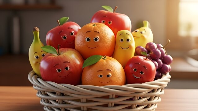 Happy fruits with smiling faces arranged in a woven basket on a wooden table.