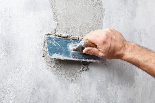 Mason smoothing fresh cement on a textured wall