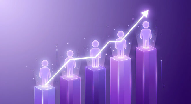 business career growth and professional development concept with purple glowing bar chart and human icons showing upward trend success motivation and performance improvement