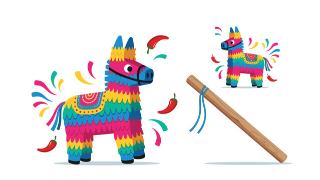 Traditional colorful Mexican pinata illustration with a stick and festive decorations like chili peppers and confetti.