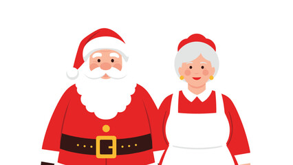 Cheerful illustration of Santa Claus and Mrs Claus standing together in their traditional red and white holiday outfits.
