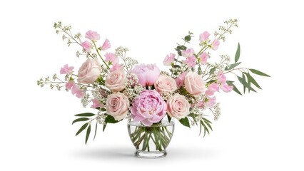 Obraz premium Elegant floral arrangement featuring pink roses and peonies in a glass vase