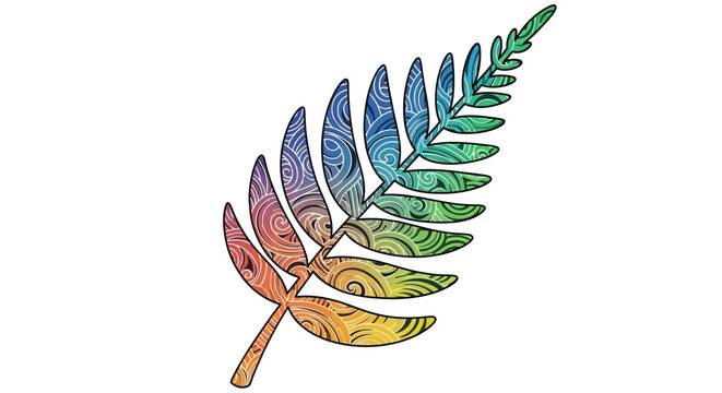 Vibrant silver fern leaf with a beautiful rainbow gradient and intricate maori inspired tribal